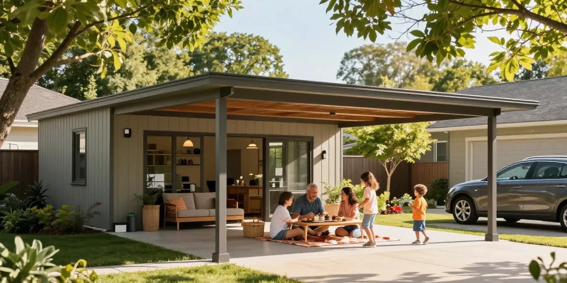 Familie genießt Schatten unter einem modernen Carport, während Kinder in der Nähe spielen und ein Auto geparkt ist.