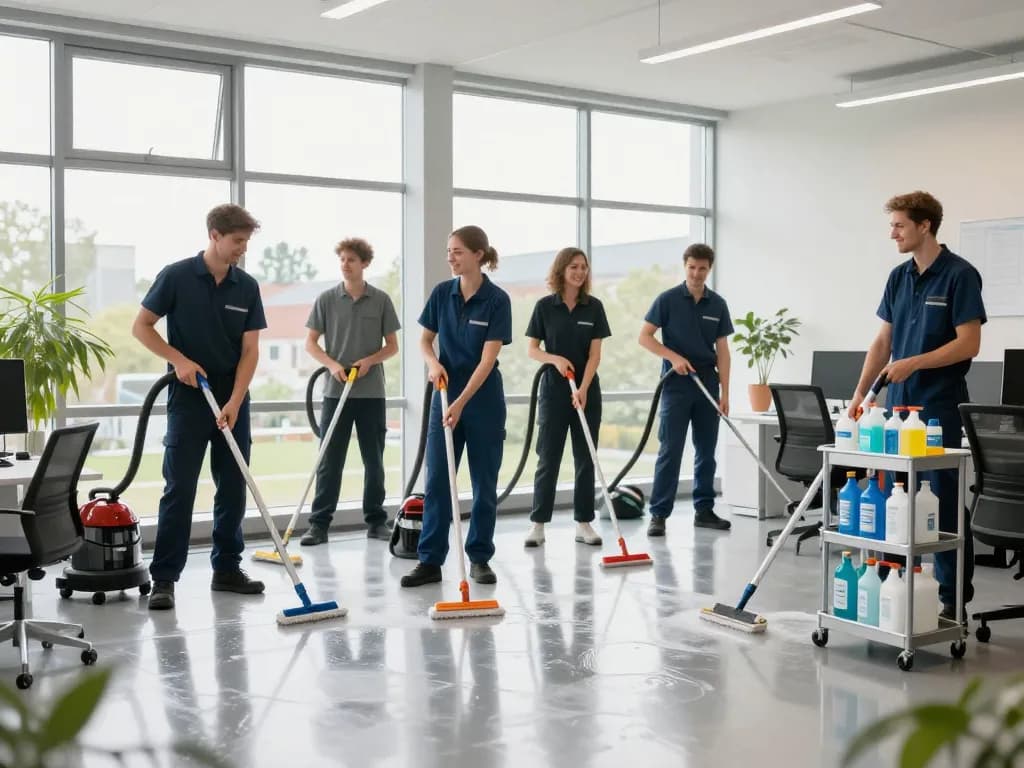 Reinigungsteam in Münster, das sein Engagement für professionelle Reinigungsdienste in einem Büroumfeld mit Lächeln und hochwertiger Ausrüstung zeigt.