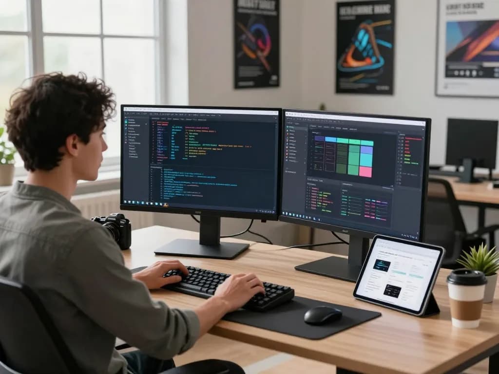 Developer at https://thscrore.app/ working on code in a modern office environment with dual monitors.