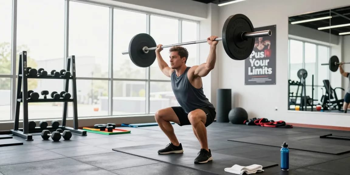 Kraftsportler trainiert in einem modernen Fitnessstudio bei Steroidshop, führt mit dynamischer Energie Kniebeugen mit der Langhantel aus.