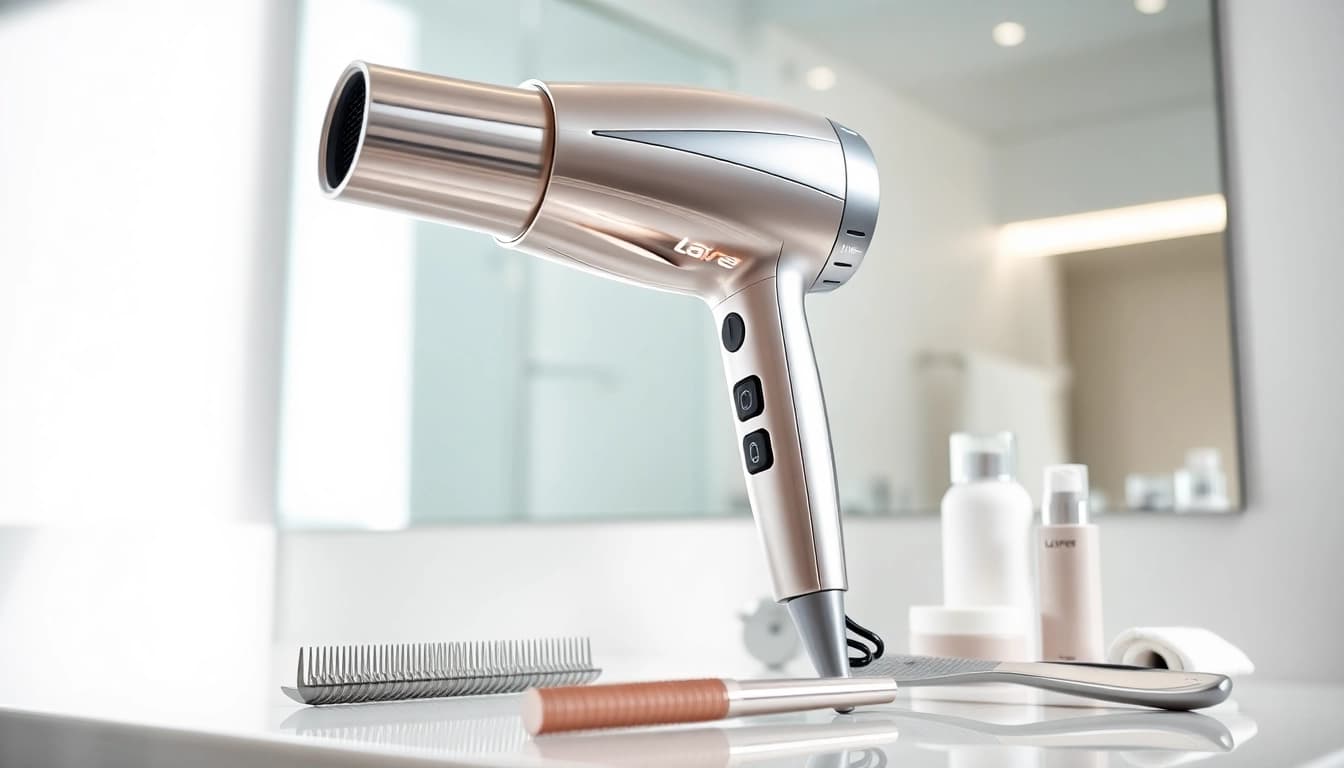 Laifen Swift ist ein stylischer Haartrockner mit elegantem Design auf einem Badezimmerwaschtisch.