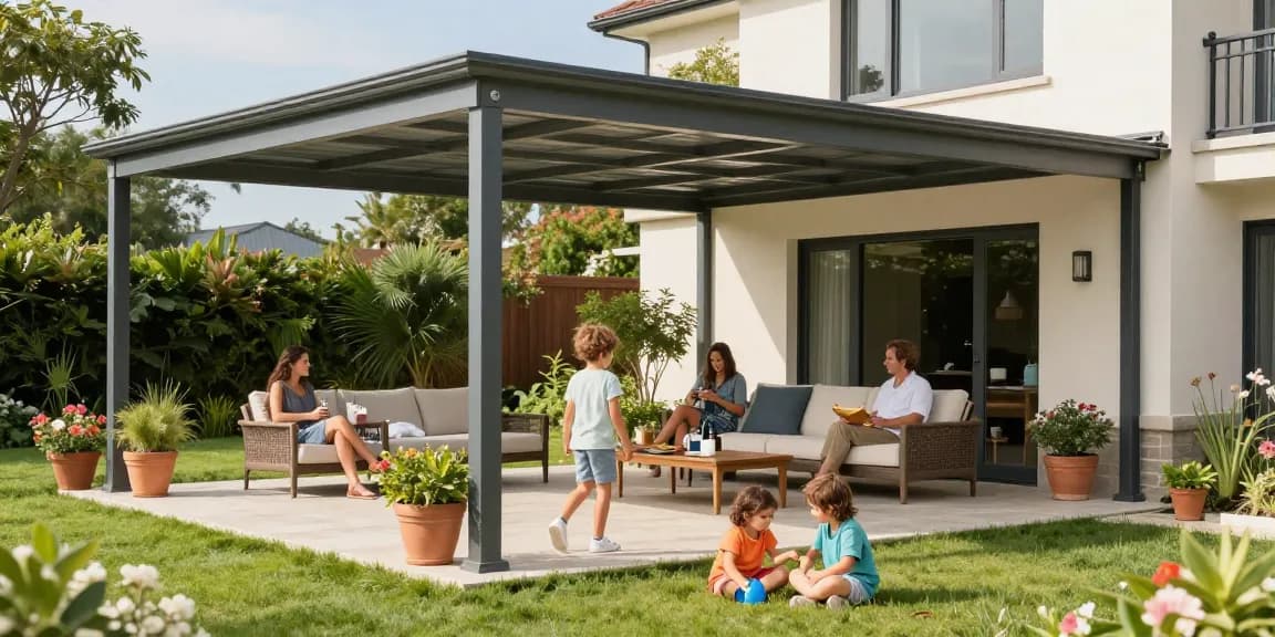 Moderne Terrassenüberdachung mit Familie im Garten, entspannte Atmosphäre und stilvolle Einrichtung.