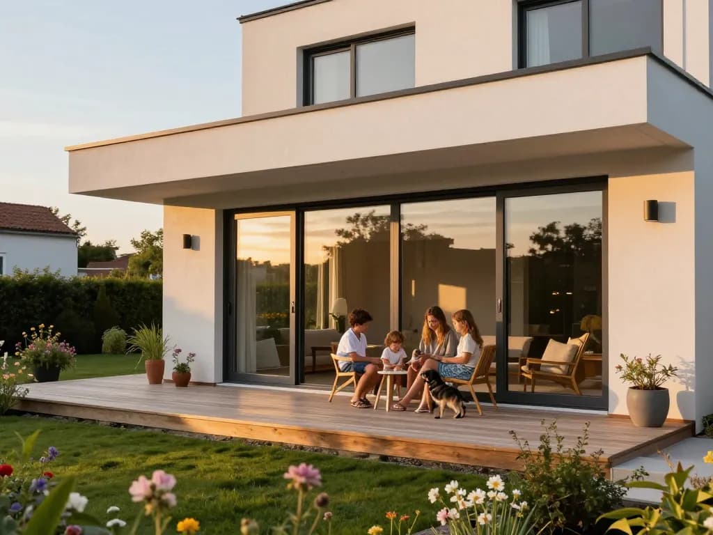 Moderne Wohnung mit fenster schüco Fenstern, Familie genießt die Veranda.