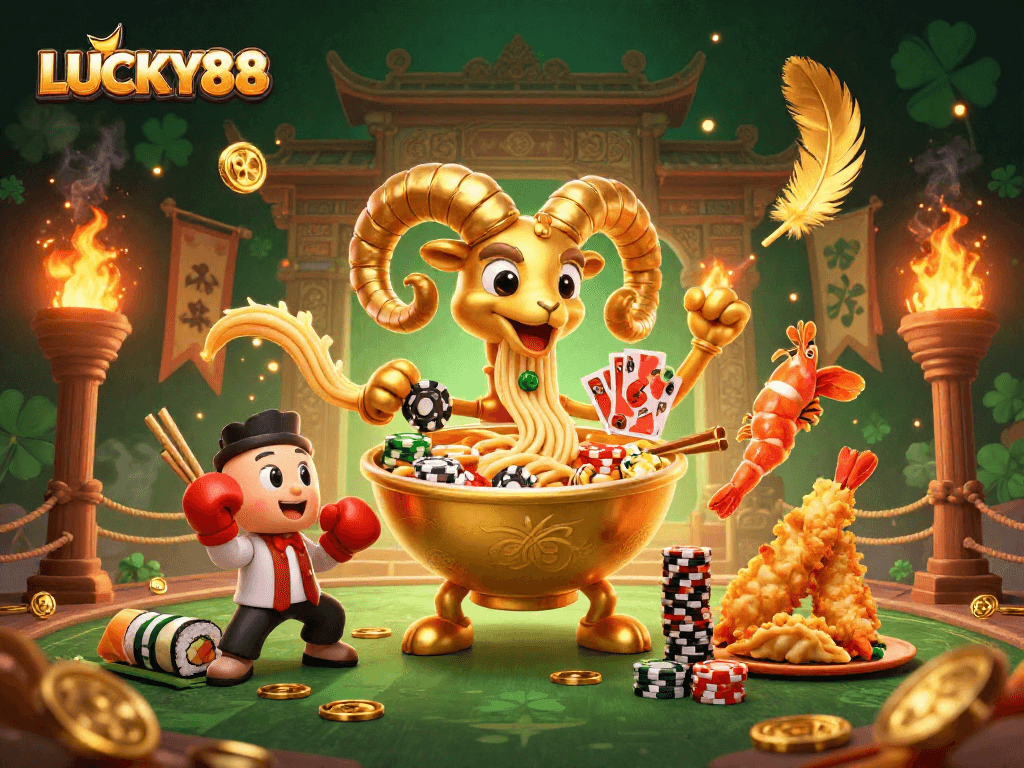 LUCKY88 showcases an energetic scene with a giant ramen bowl dealing cards amidst vibrant casino action.