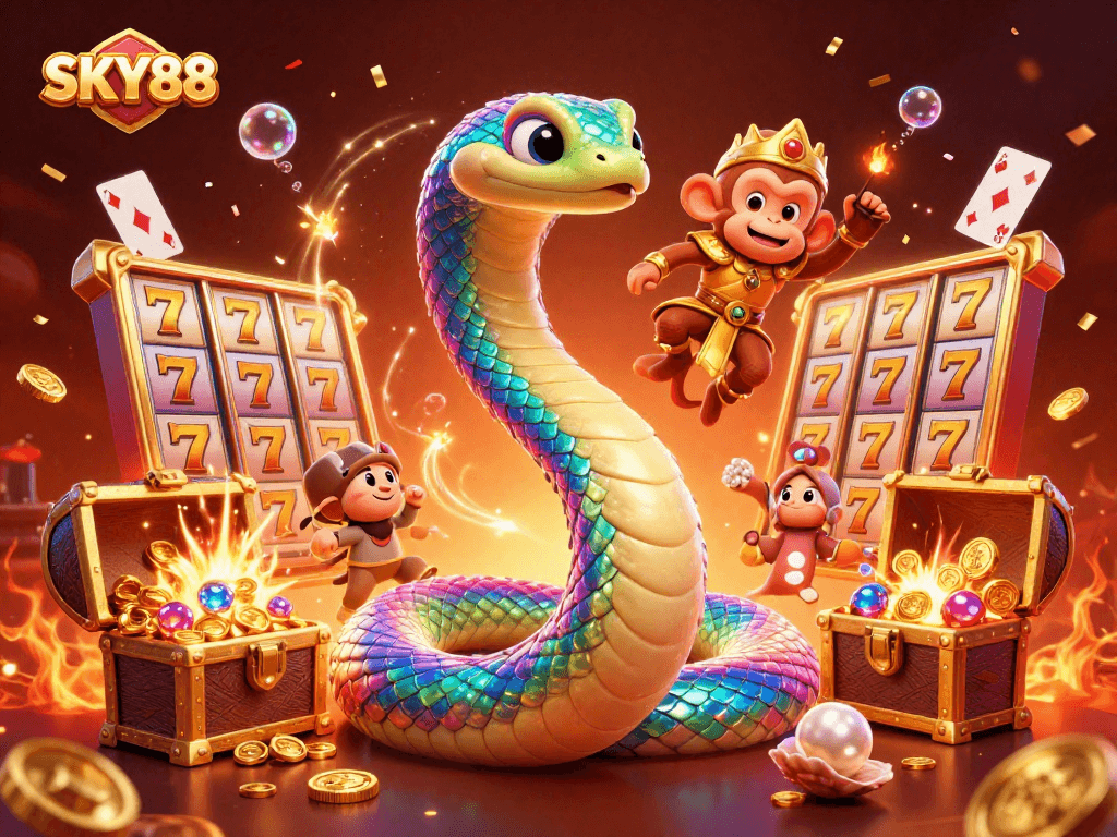 Experience the thrill at SKY88 with a colorful, festive gaming atmosphere featuring slot symbols and vibrant 3D characters.
