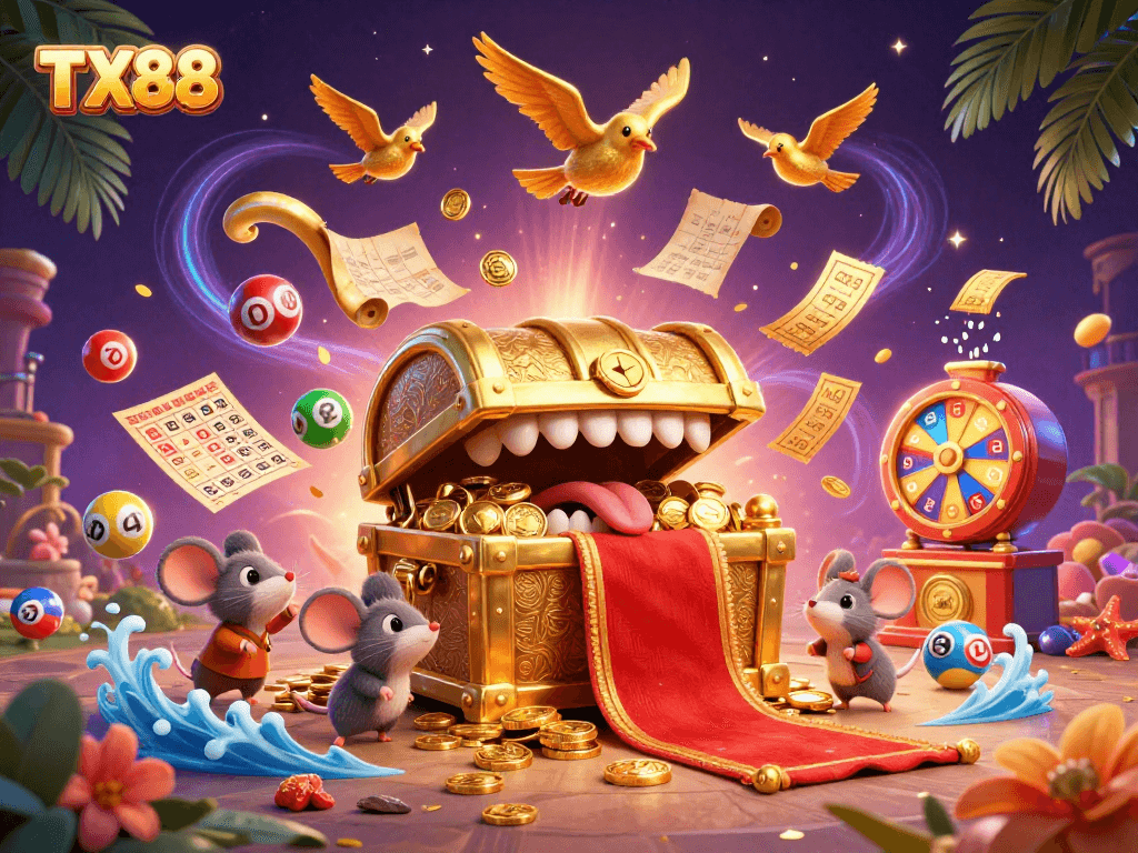 Experience the excitement of TX88 with this vibrant 3D illustration of a treasure chest surrounded by dynamic lottery elements.