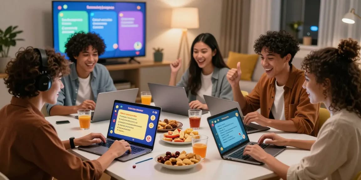Eine Gruppe von Freunden, die online an einem Quiz Allgemeinwissen teilnehmen, mit Laptops und Tablets in einer lebhaften Wohnumgebung.