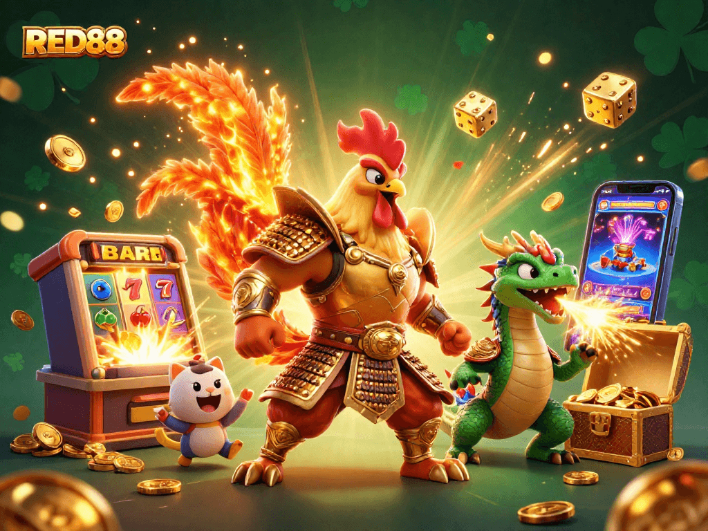 RED88's dynamic scene with a fighting rooster, dragon hatchling, and casino elements celebrating wins