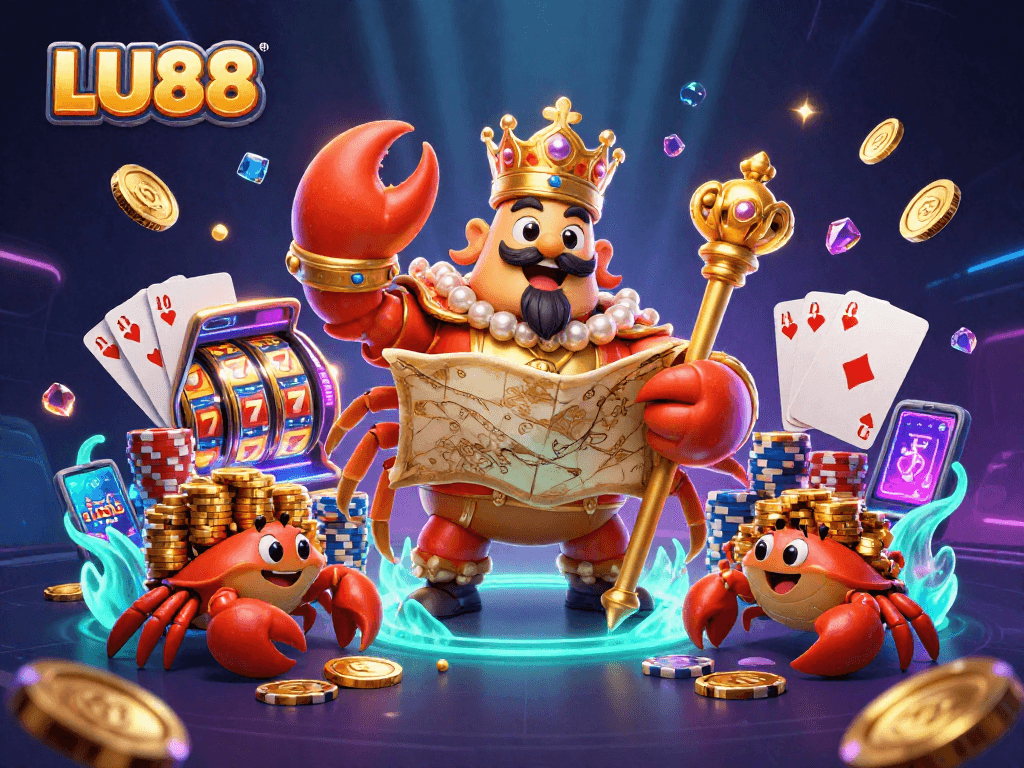 LU88's vibrant 3D casino scene showcases a golden crab emperor, sparkling jewels, and dynamic slot reels.