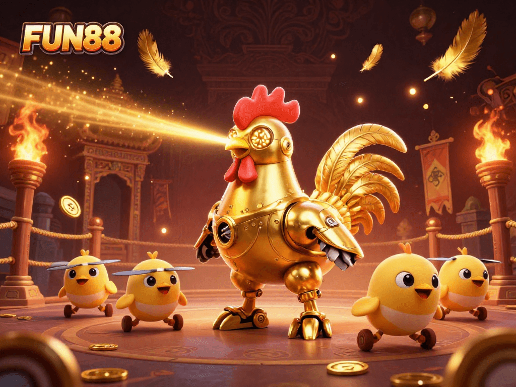 Join FUN88's thrilling adventure with a golden rooster robot amidst flying coins and casino excitement.