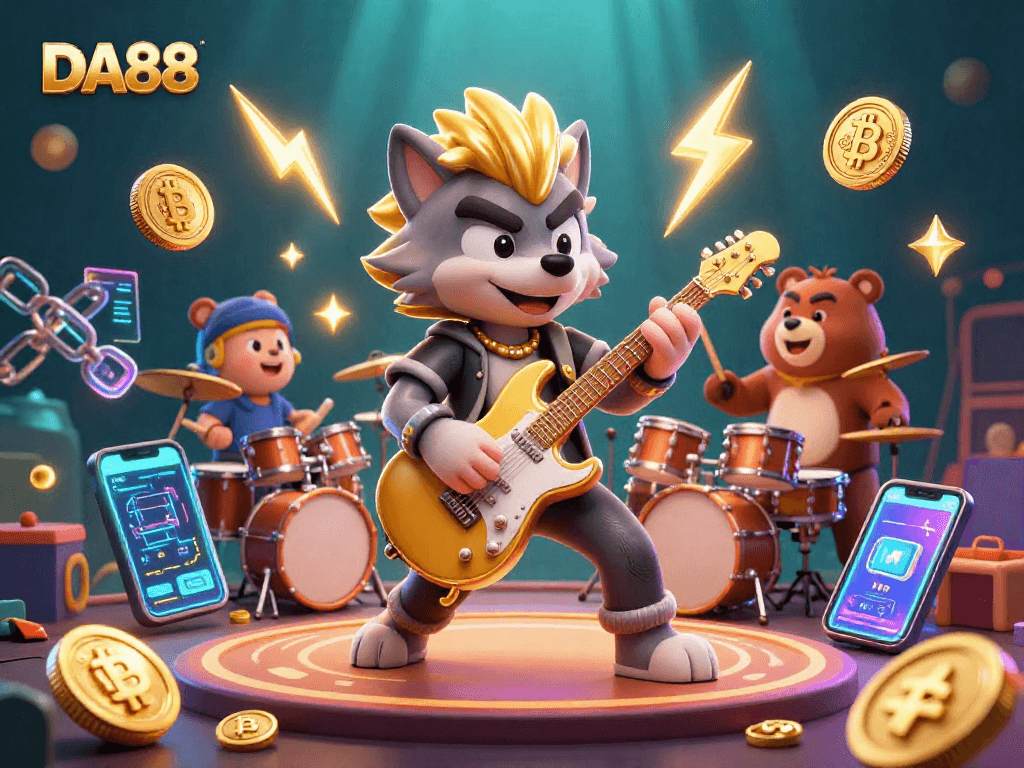 Experience thrilling wins at DA88 with electric performances and glowing crypto elements in a vibrant casino scene.