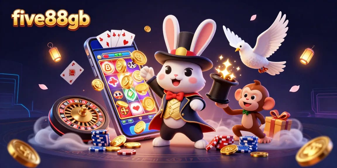 Engage with five88gb's thrilling games while a magician rabbit unveils golden coins amidst interactive slots and poker elements.