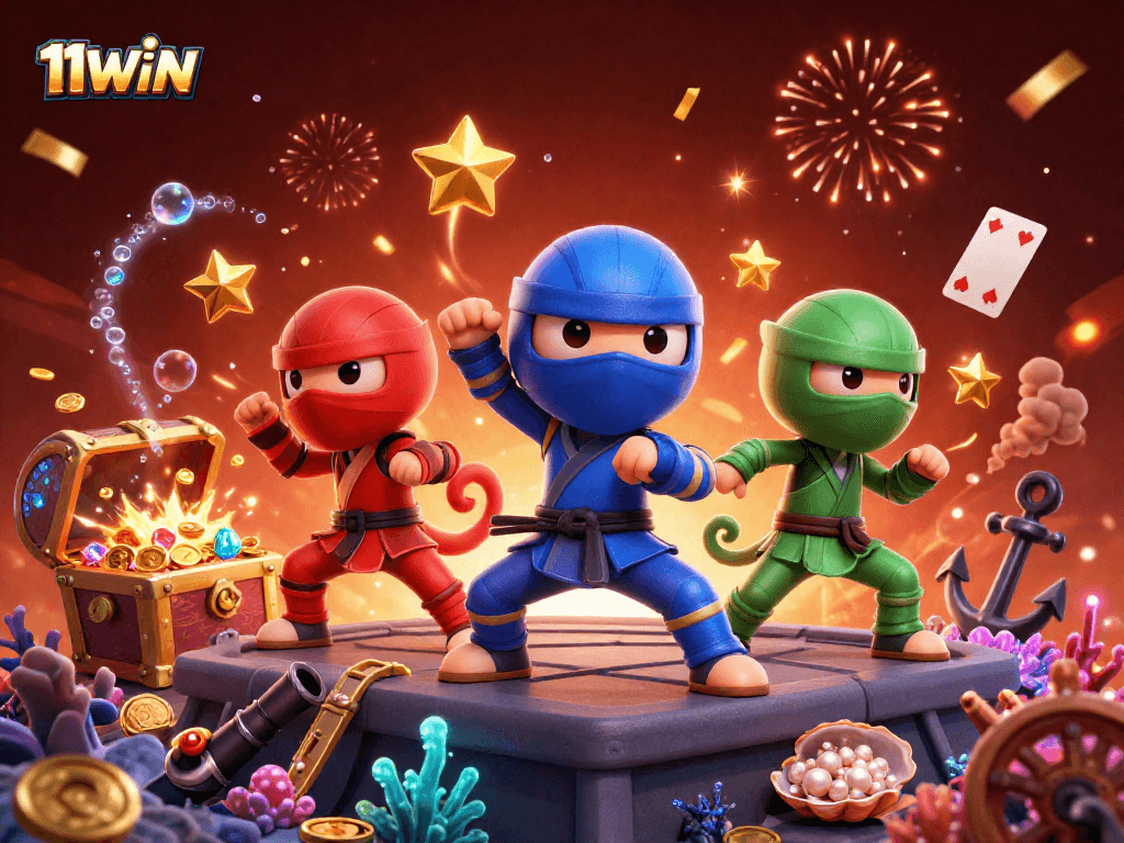 Engage with 11WIN's thrilling gaming adventure through a vibrant scene of chameleons and casino elements.