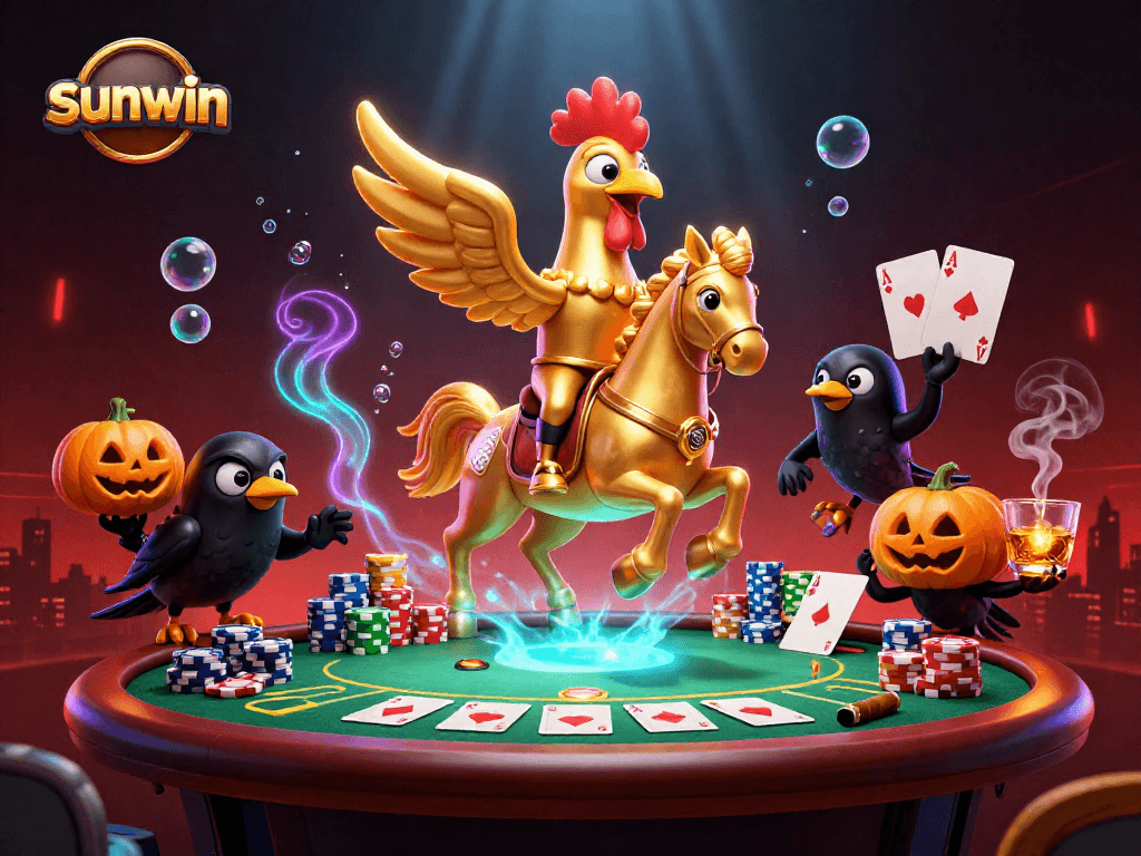 Engage with the thrilling sunwin casino scene featuring a golden rooster and poker elements.