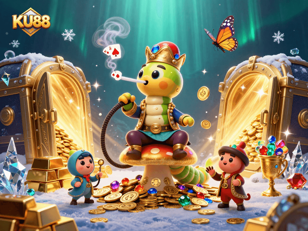Engage with KU88's vibrant casino scene featuring a whimsical caterpillar and gold treasures.