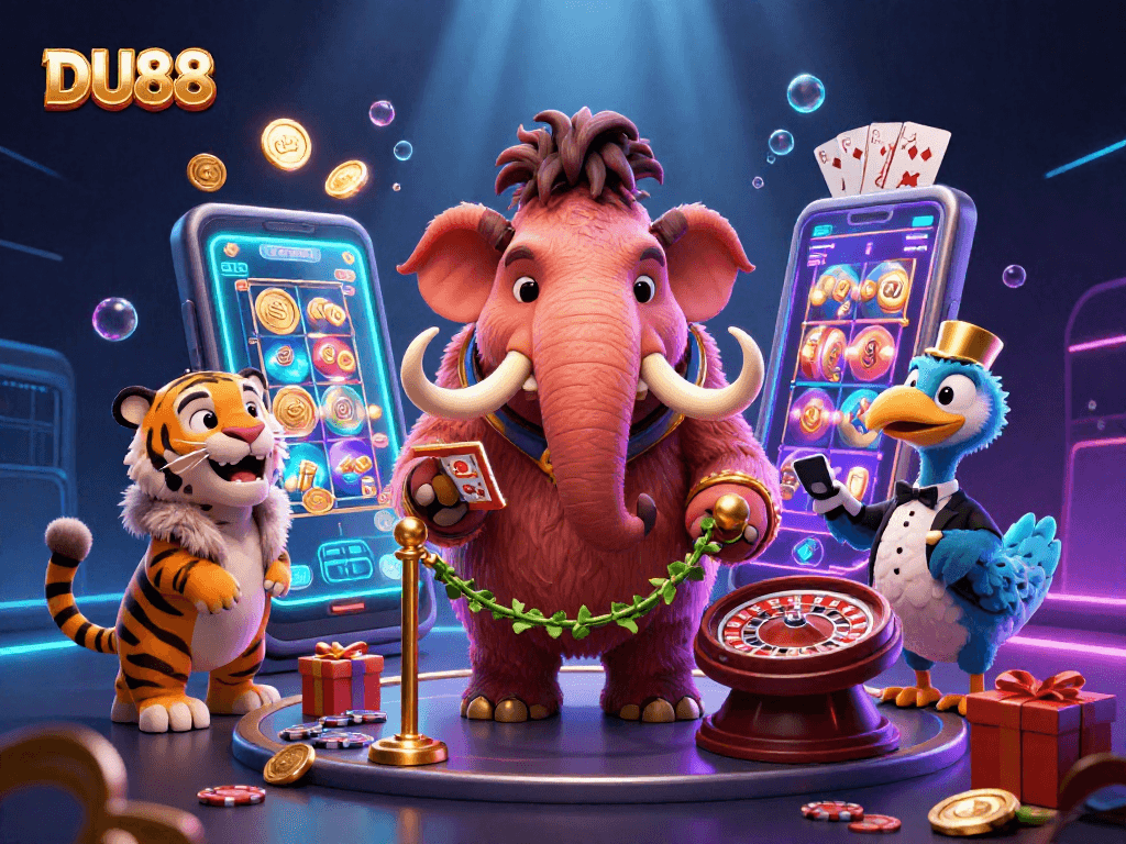 Join DU88 casino with a bouncer mammoth, VIP tiger, and dodo doorman enjoying slot games!