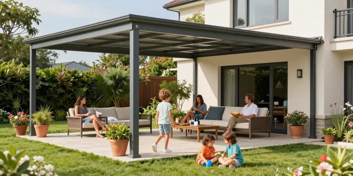 Moderne Terrassenüberdachung mit Familie im Garten, entspannte Atmosphäre und stilvolle Einrichtung.