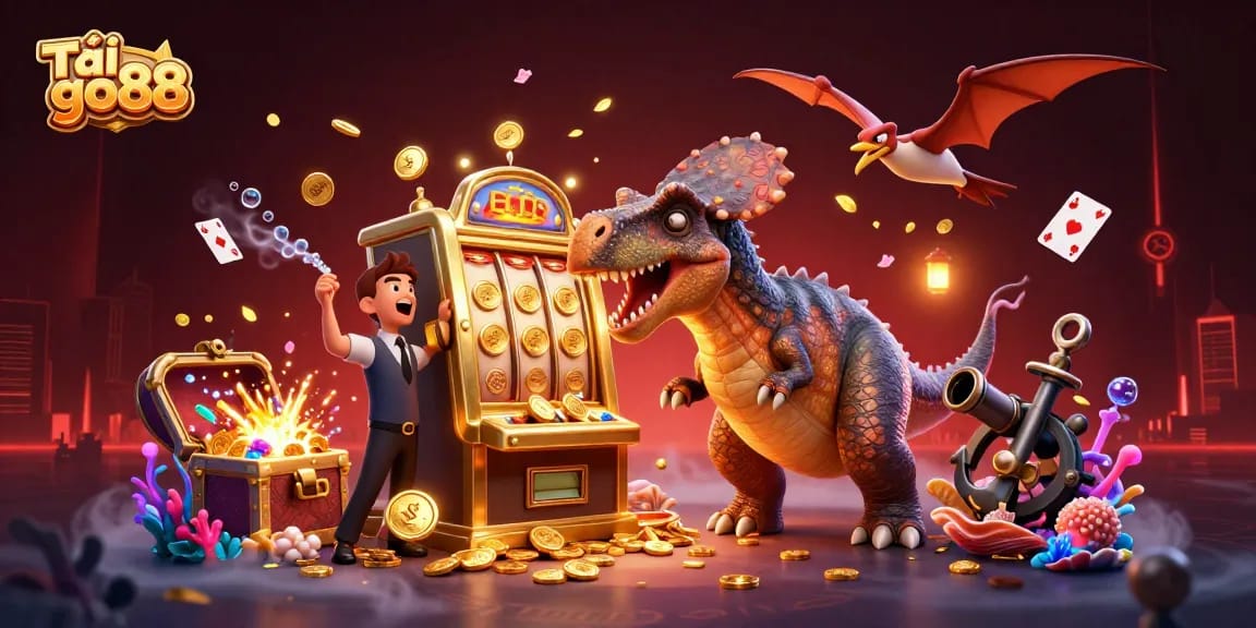Tải go88 with an animated pachycephalosaurus hitting a jackpot slot machine in a vibrant casino scene.