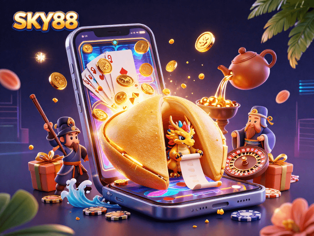 Engage with SKY88's thrilling slot games featuring vibrant characters, dynamic coins, and lively action.