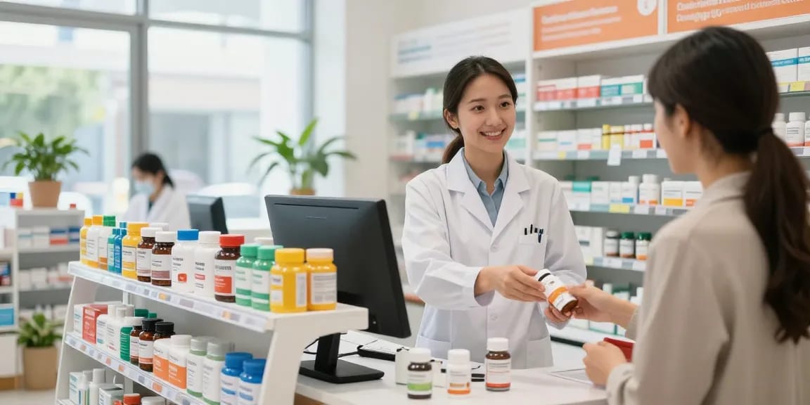 Im Selliza Pharma Shop berät ein Apotheker Kunden über Gesundheitsprodukte und Nahrungsergänzungsmittel.