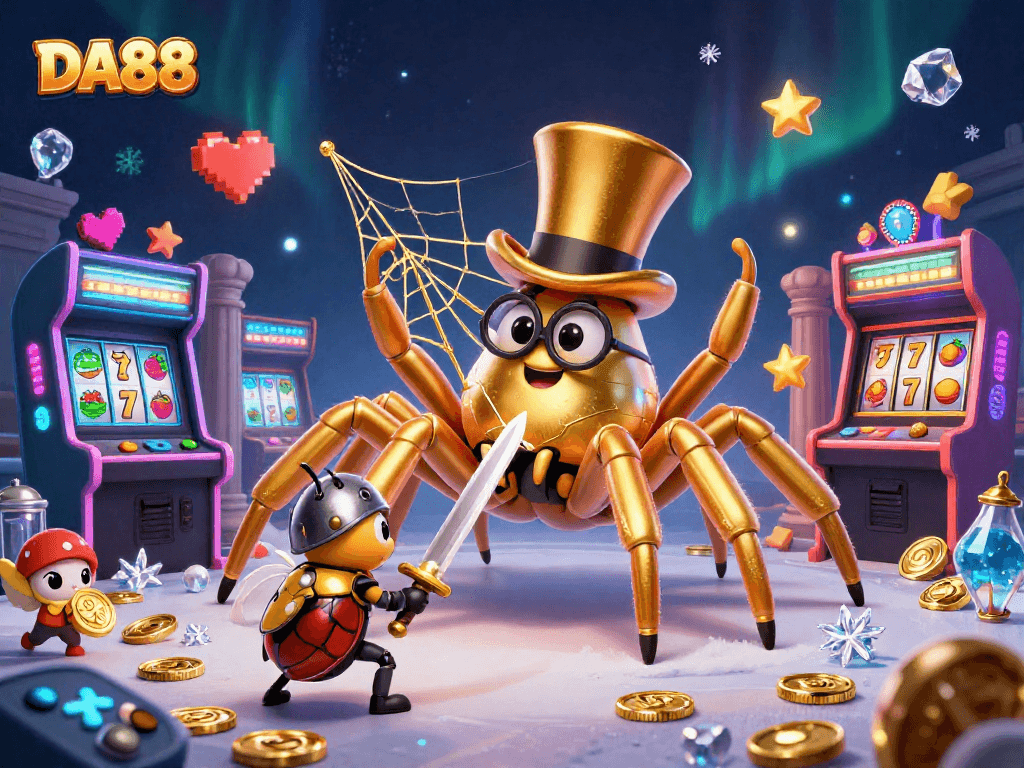Spin the reels at DA88 with a 3D golden tarantula and beetle knight in a vibrant casino scene.