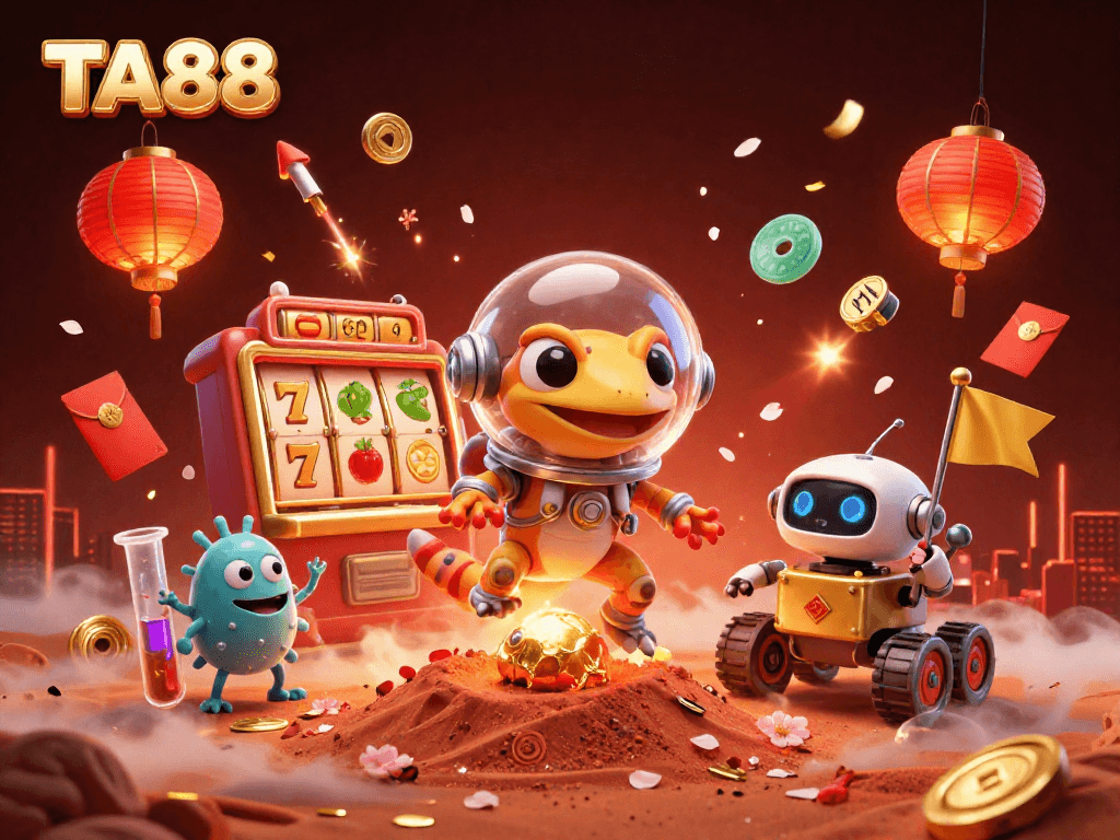 TA88 Martian gecko and friends reveal a golden casino with vibrant slot elements and festive decorations.