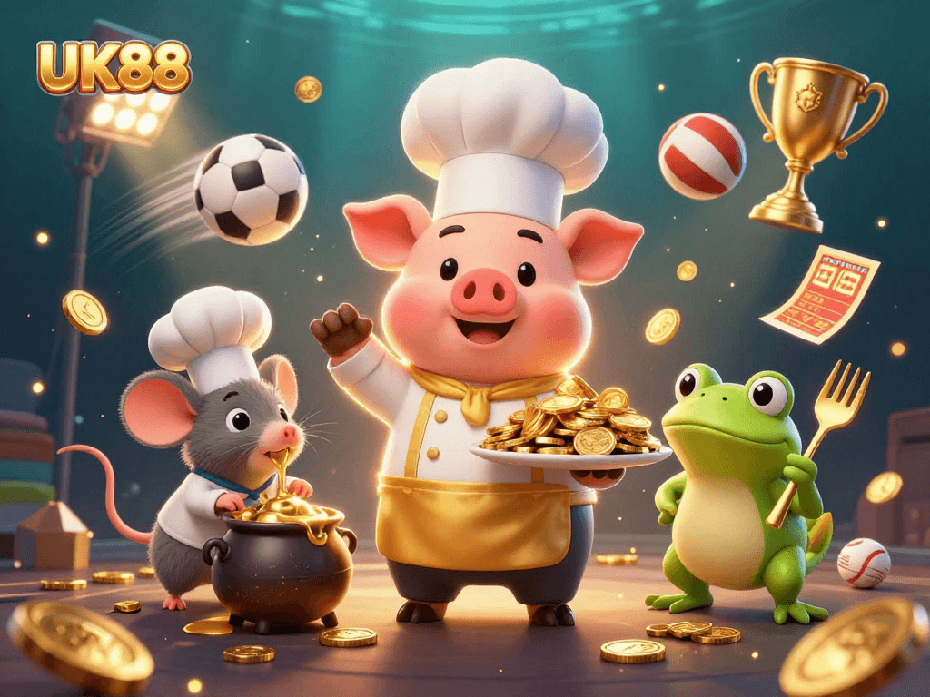 Experience exciting UK88 betting strategies with a chef pig serving gold coins in this vibrant casino scene.