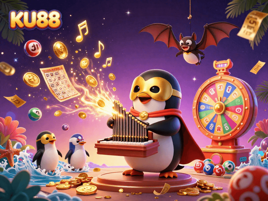 Win big with KU88 in an exciting casino scene filled with vibrant lottery elements and ghostly music notes.