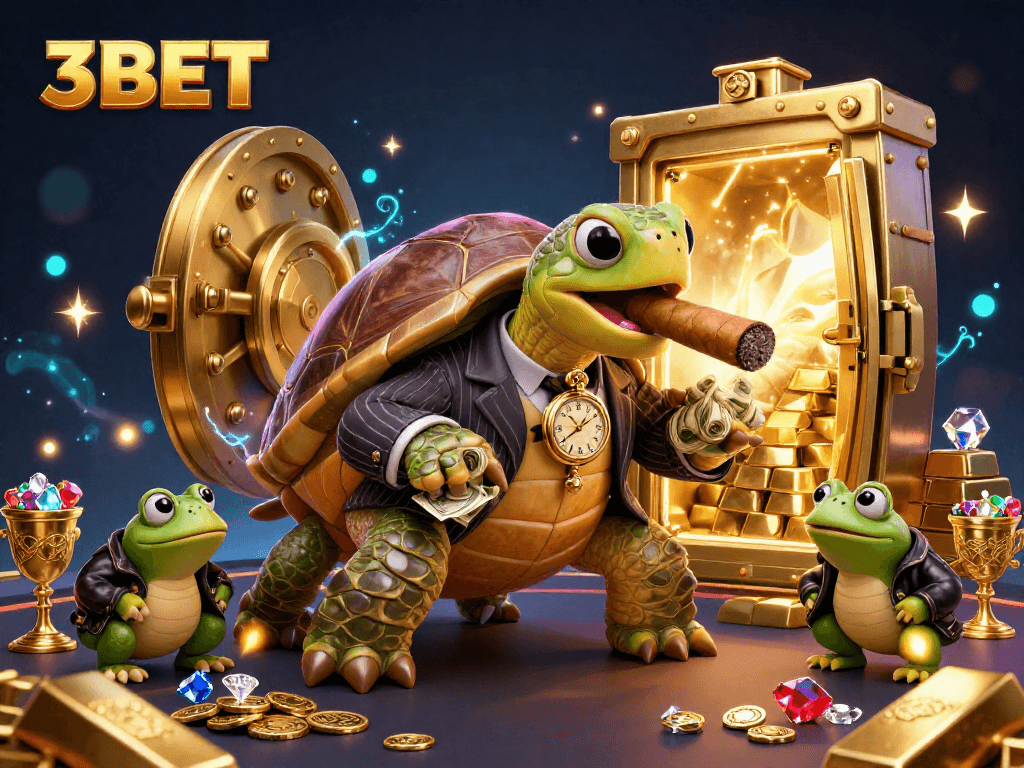Experience vibrant gaming action with 3BET in a lively casino scene featuring a mobster turtle and bullfrog enforcers.
