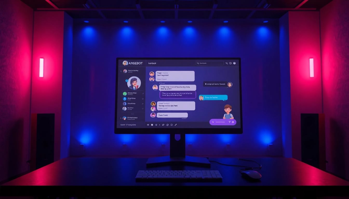 AI chat NSFW interface in a modern studio with ambient lighting.