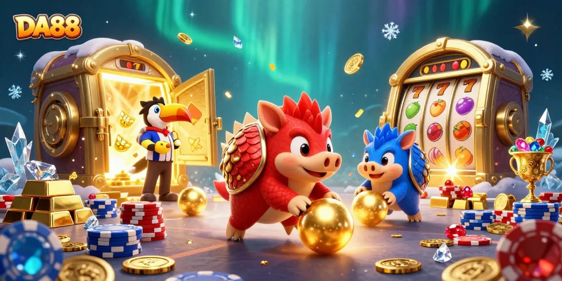 Engage in thrilling gaming action at DA88's dazzling casino scene with dynamic pangolins and gold treasures.