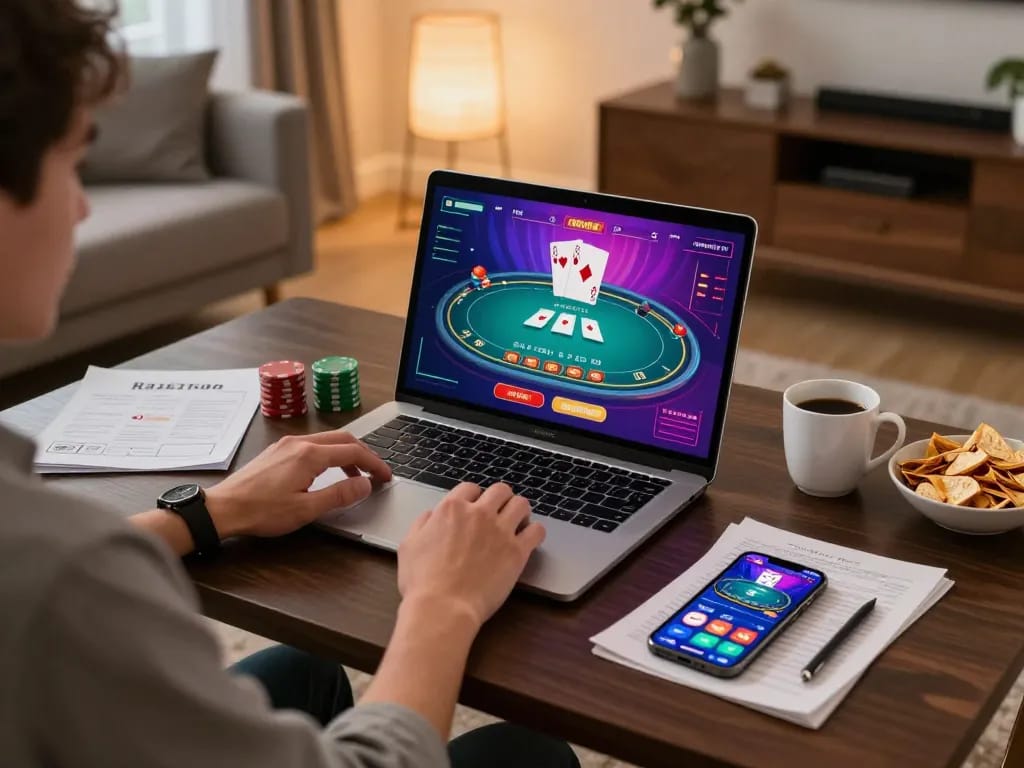 Player enjoying online casino games at home with cm88b platform, surrounded by strategic notes and snacks
