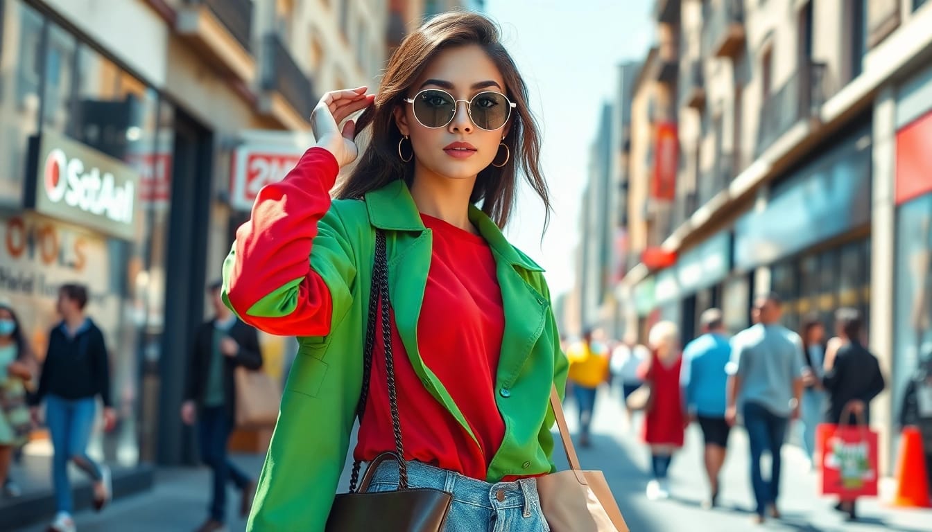 Mode & Lifestyle Onlineshops: Fashion model posing in urban landscape, showcasing trendy outfit.