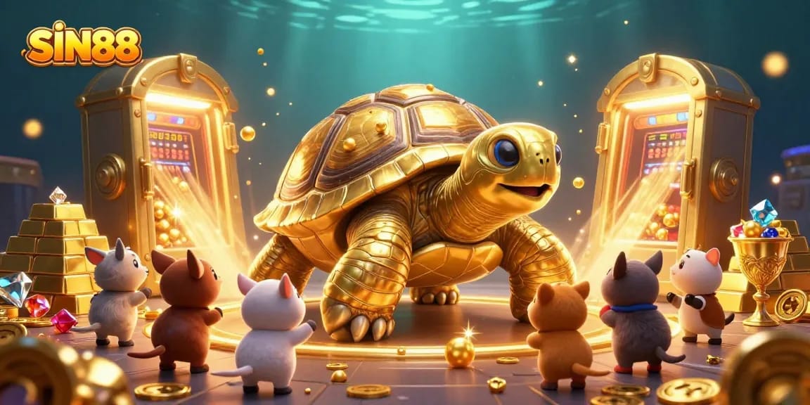SIN88 casino adventure featuring a massive tortoise pinball machine and small eager animals playing.