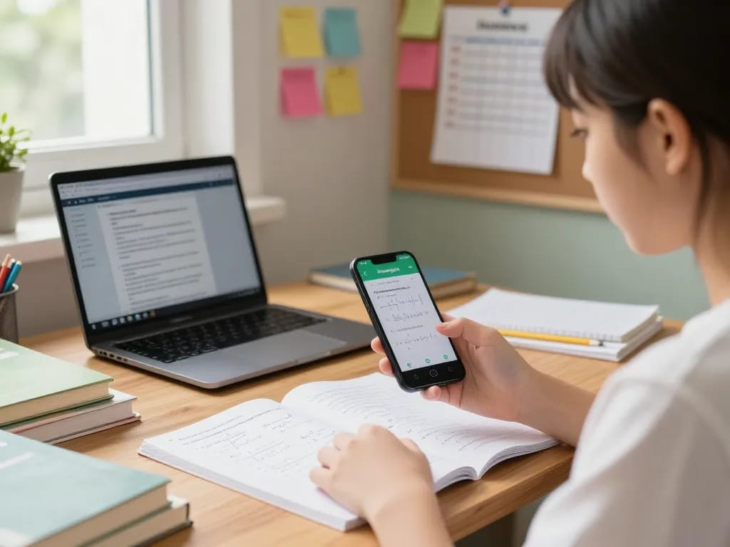 Student, der die Hausaufgaben Scanner-App auf einem Smartphone in einem gemütlichen Arbeitszimmer verwendet.