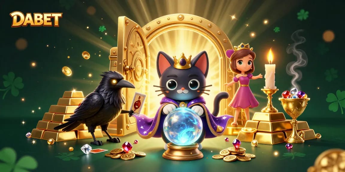 DABET showcases enchanting casino magic with cartoon characters, gold treasure, and vibrant gems.