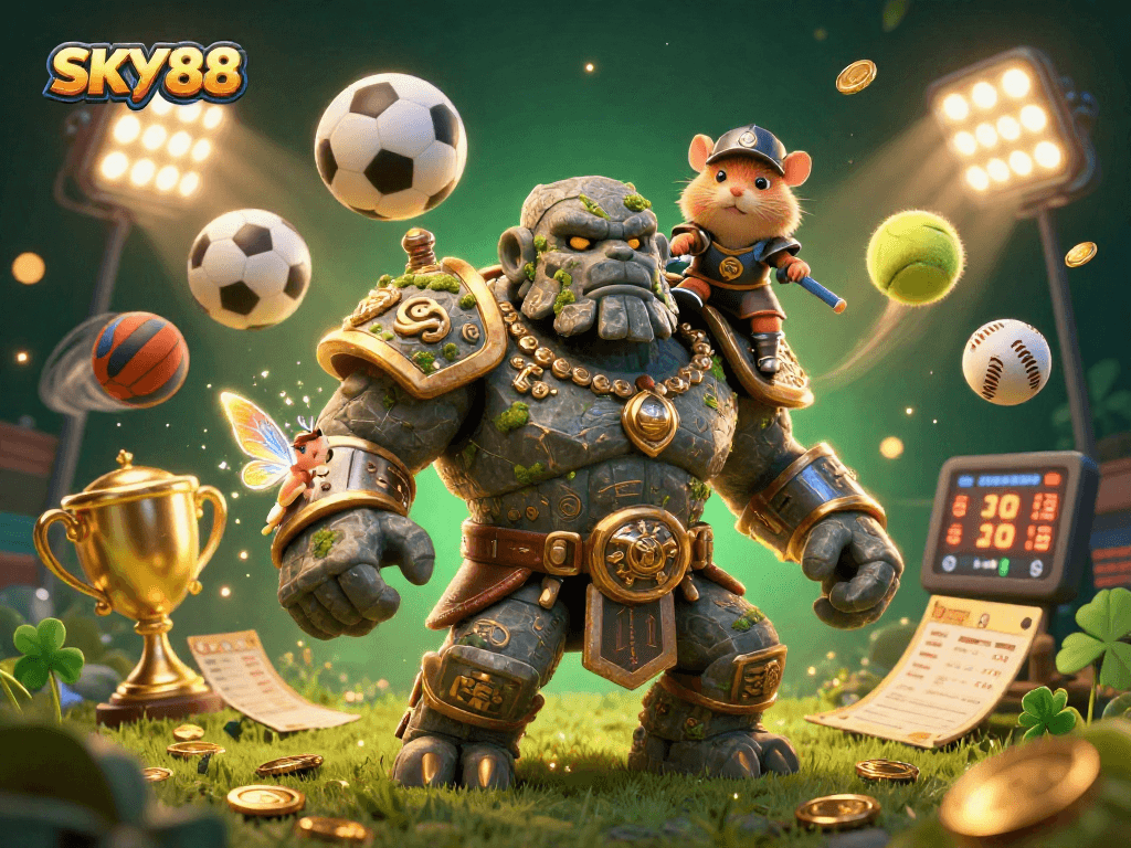 Bet on excitement at SKY88 with an action-packed 3D casino scene teeming with games and characters.