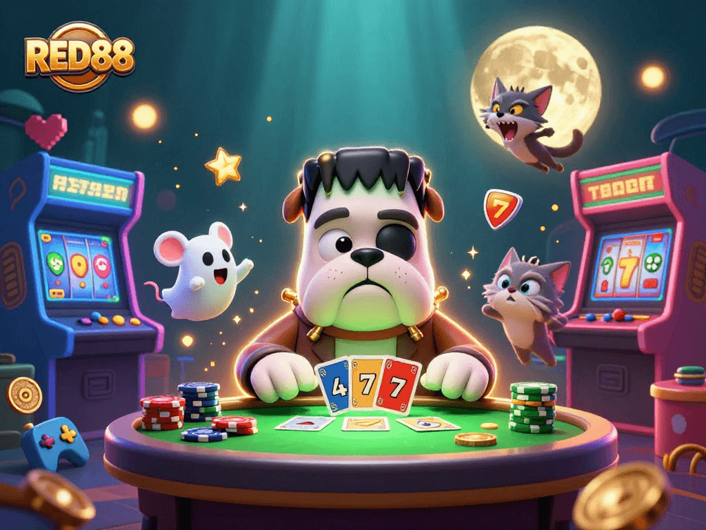 Deal cards at RED88's spooky casino, featuring a Frankenstein bulldog and other quirky characters.