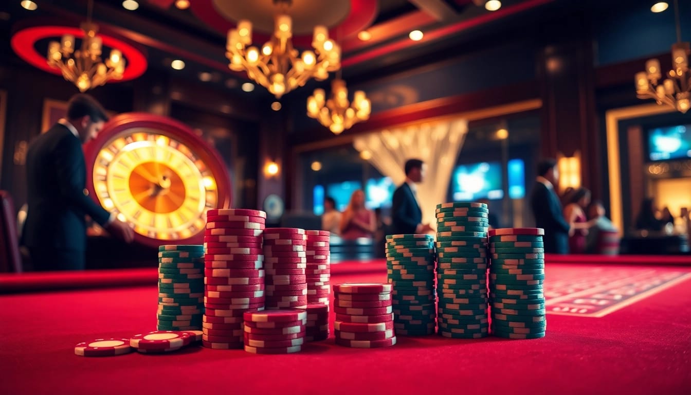 Experience the thrill of kjc.football at a luxurious casino with vibrant poker chips and roulette action.