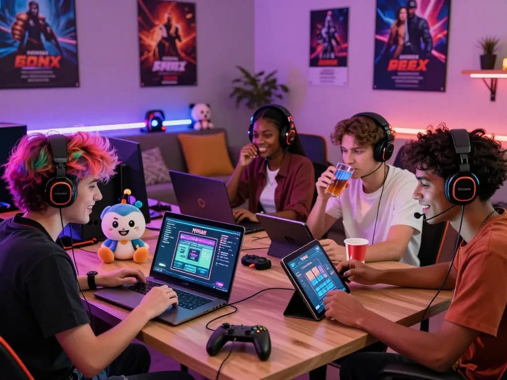 Group enjoying HTML sex games in a vibrant gaming lounge with modern devices.