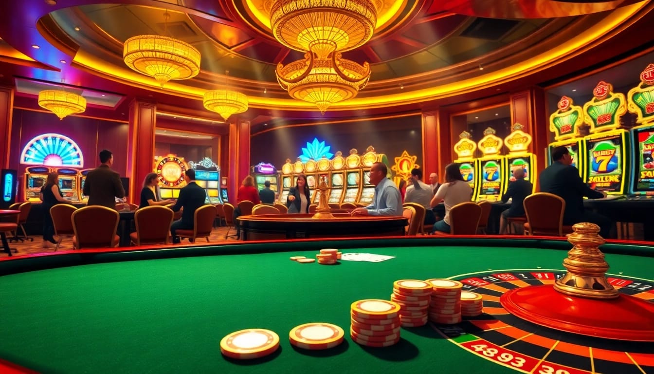 S8.com gaming scene with vibrant roulette, poker table, and slot machines, perfect for high-stakes gambling.