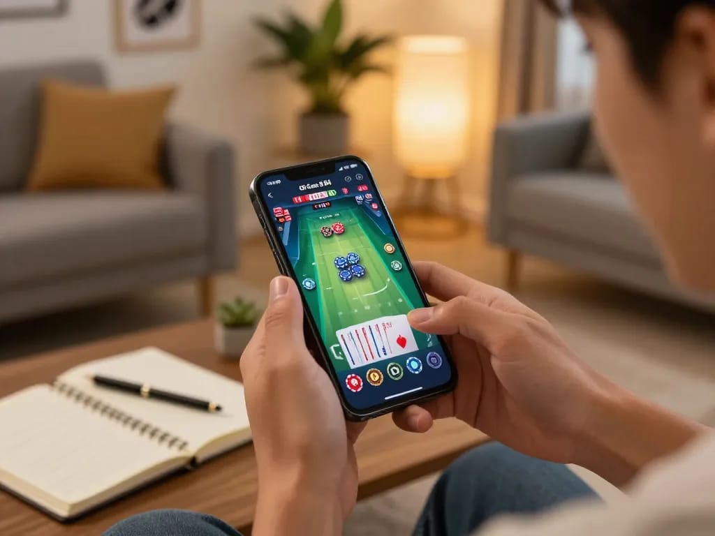 Player engaging with 68 Game Bài app on smartphone during relaxed home gaming session.