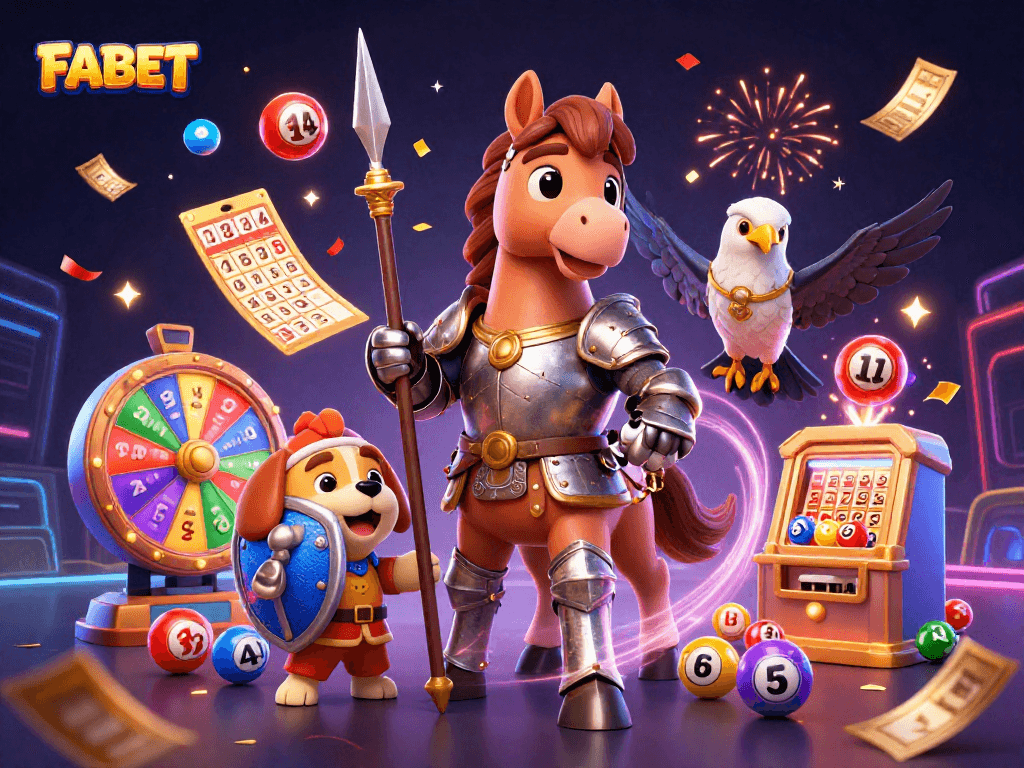 Experience the thrill of FABET with knights, colorful lottery elements, and dynamic casino imagery.