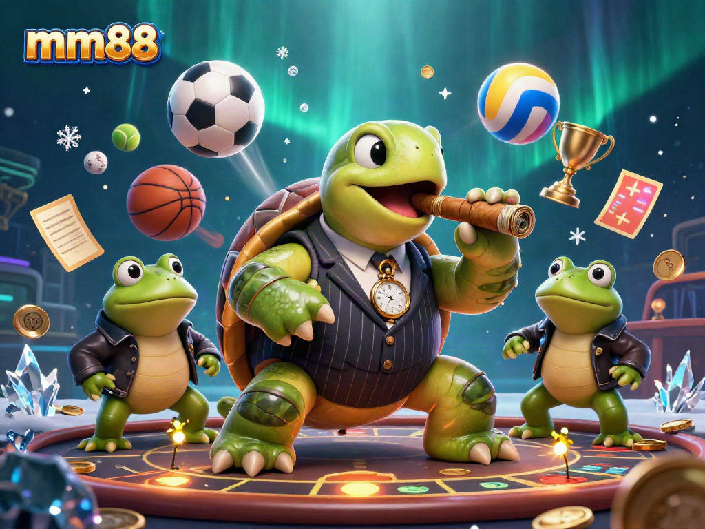 Experience the excitement at mm88 with a dynamic casino scene featuring a turtle mobster, bullfrog enforcers, and sports action.