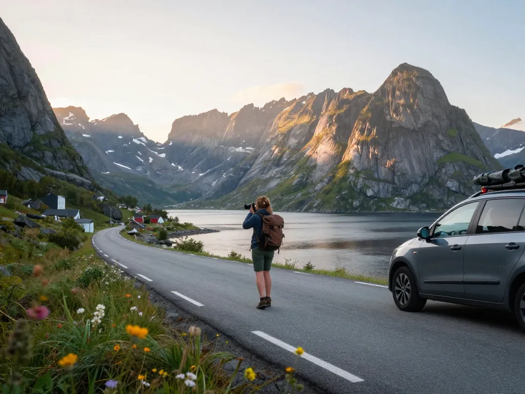 Urlaub in Skandinavien, Reisender fotografiert die Lofotenfjorde während des Sonnenaufgangs.