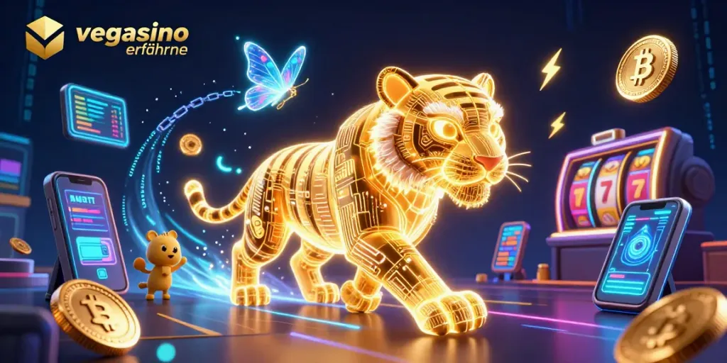 Engage in dynamic gameplay with Vegasino Erfahrungen, featuring glowing neon coins and slot reels.