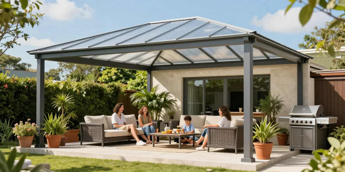 Elegante freistehende Terrassenüberdachung aus Aluminium mit transparenten Polycarbonatplatten und gemütlichem Wohnbereich.