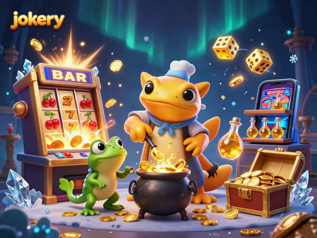 Experience the excitement at jokery with a 3D illustration showcasing a golden salamander alchemist amidst casino treasures.