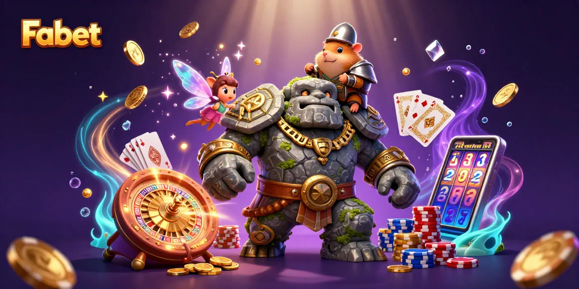 Experience Fabet's thrilling casino adventure with vibrant golem, fairy, and hamster knight.