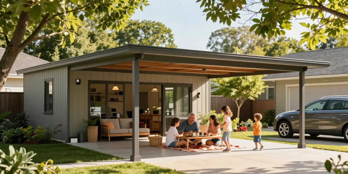 Familie genießt Schatten unter einem modernen Carport, während Kinder in der Nähe spielen und ein Auto geparkt ist.